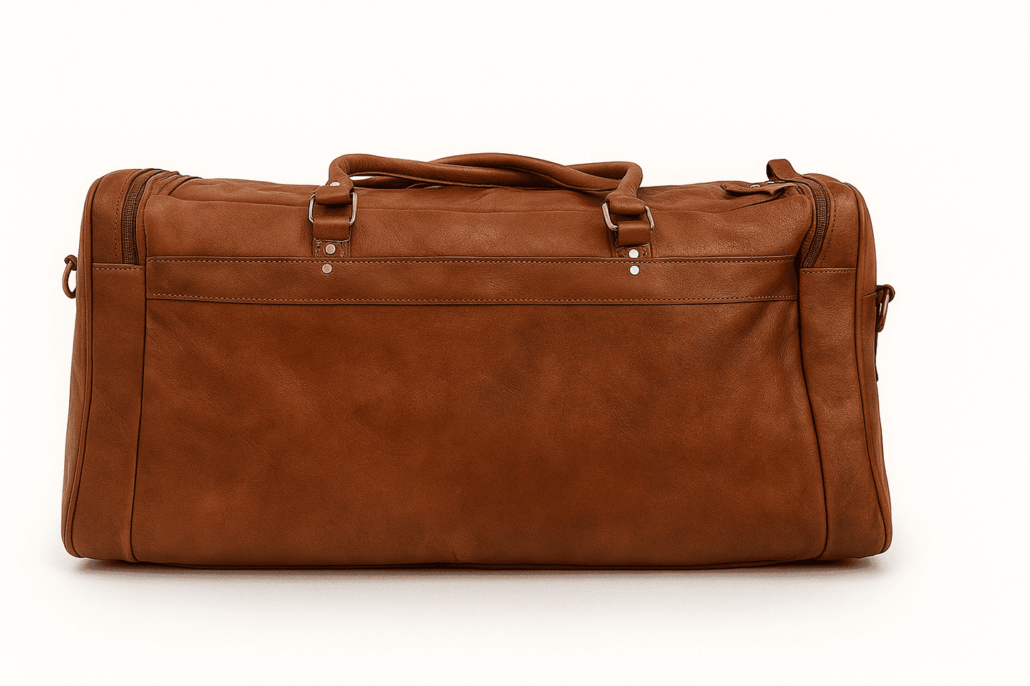 Brown leather duffel bag on a white background