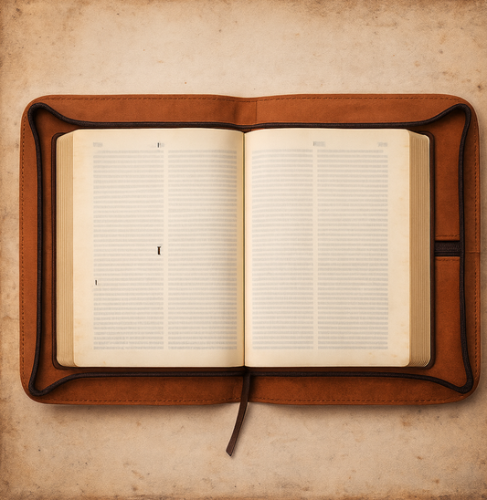 Open book inside a brown leather cover on a textured beige background, Bible inside the leather cover, Buy Leather Bible Cover – Handcrafted by Twara