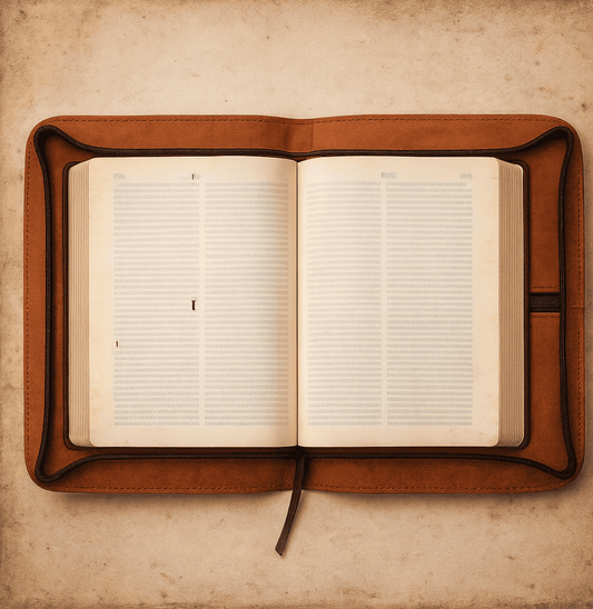 Open book inside a brown leather cover on a textured beige background, Bible inside the leather cover, Buy Leather Bible Cover – Handcrafted by Twara