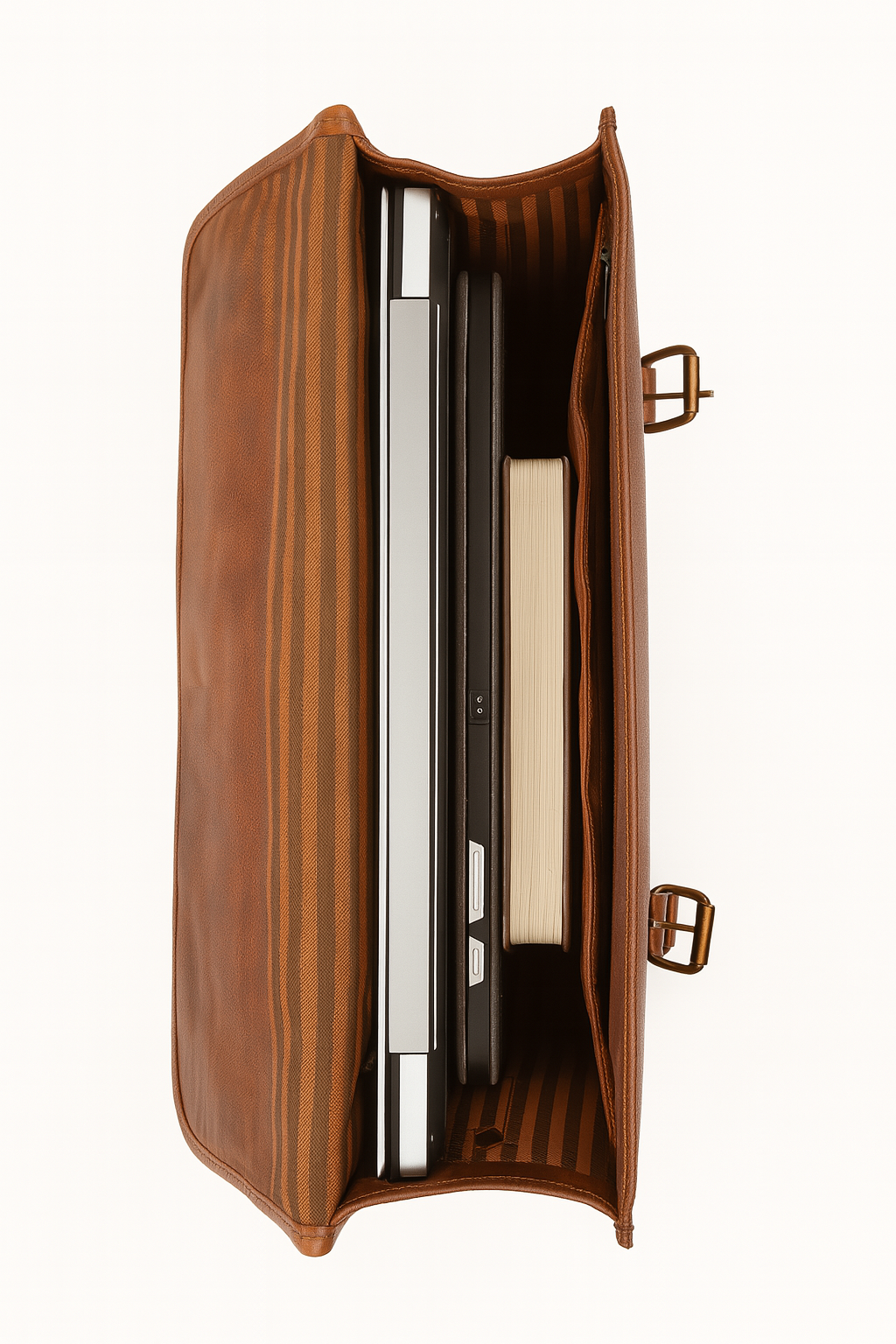 Brown leather briefcase with open design on a white background