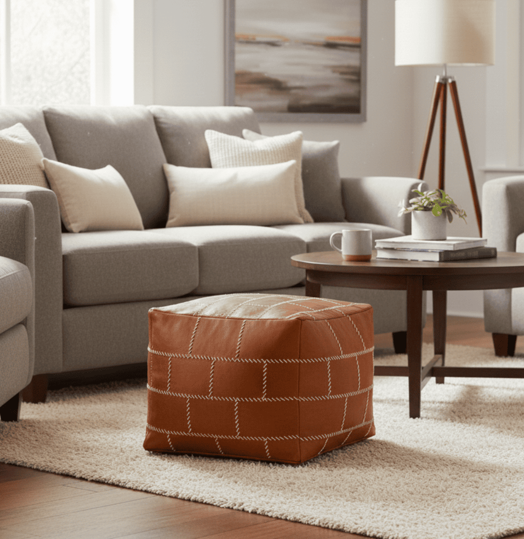 Living room with a gray sectional sofa, brown ottoman, and wooden coffee table.