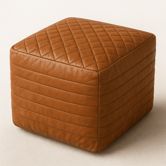 Brown quilted cube ottoman on a beige background