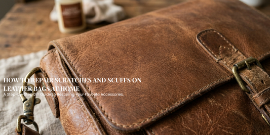 Artisan repairing a deep scratch on a teal leather briefcase using a professional leather repair kit on a wooden workbench.