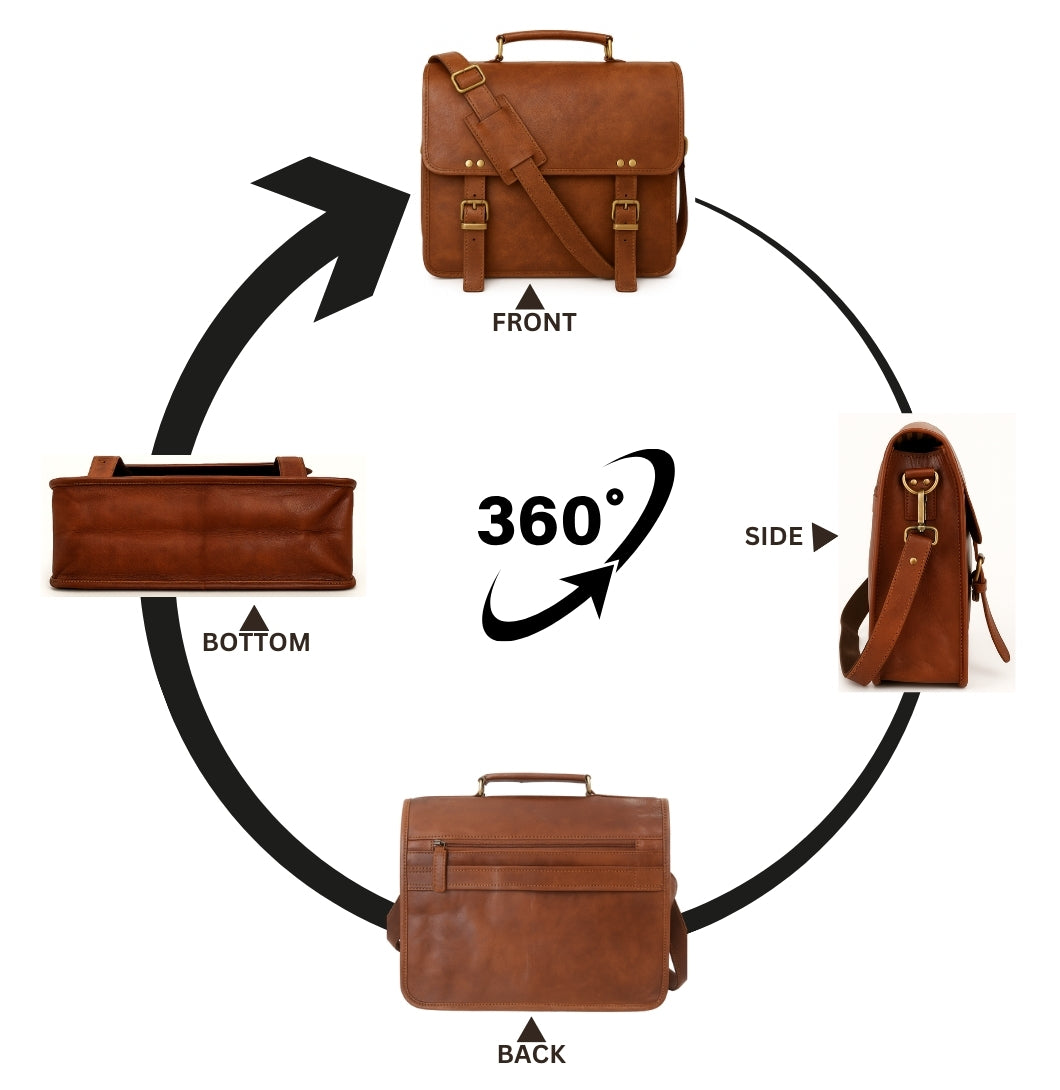 Brown leather briefcase shown from multiple angles with labeled directions on a white background.

