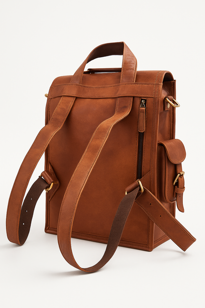 Brown leather backpack on a white background