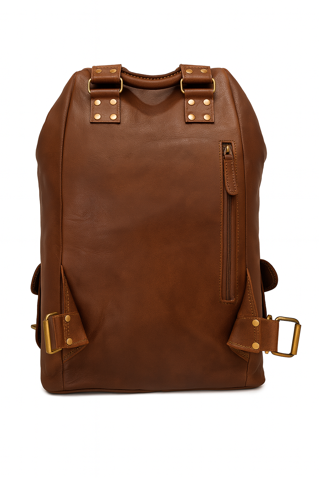 Brown leather backpack with gold accents on a white background