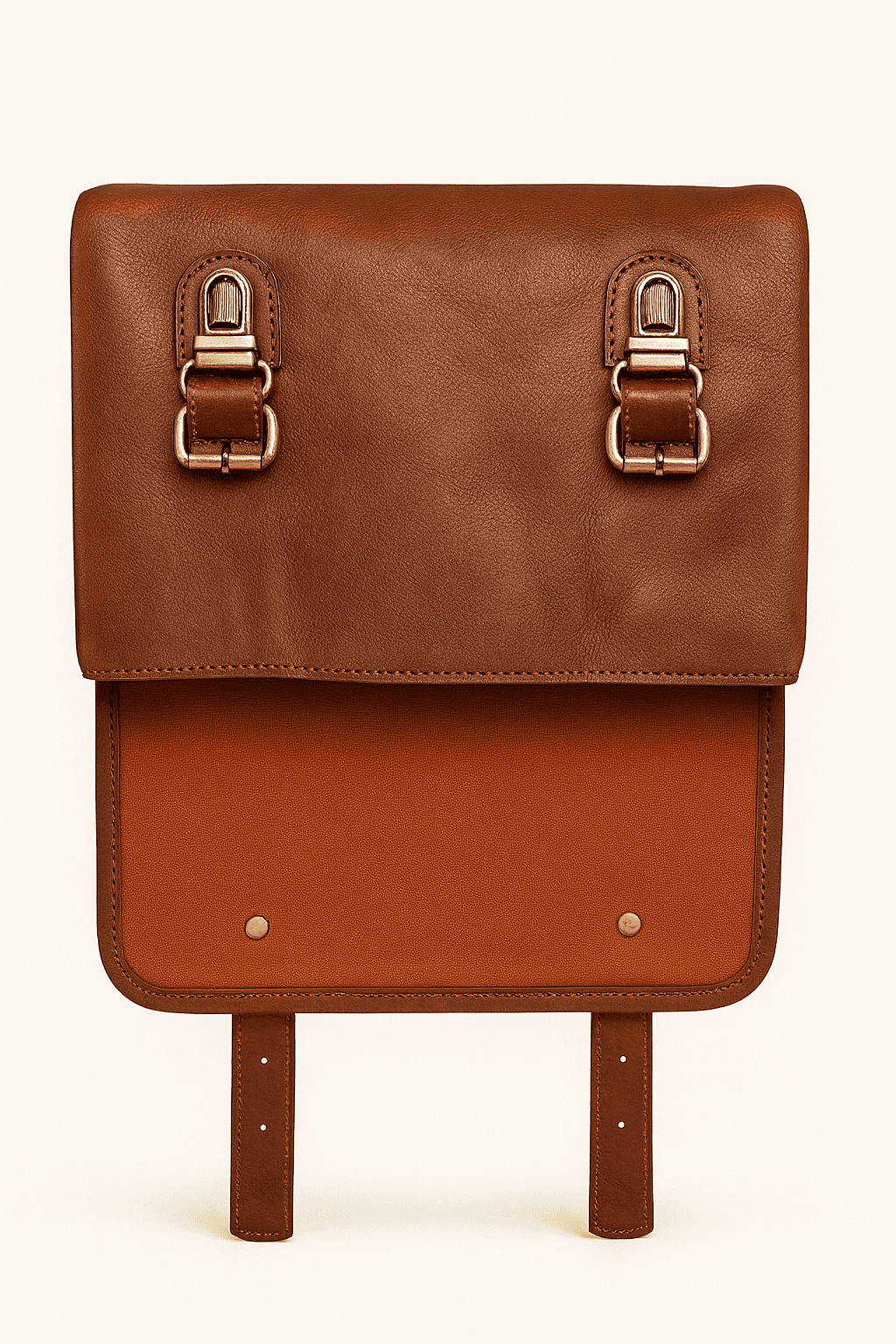 Brown leather backpack with gold buckles on a white background