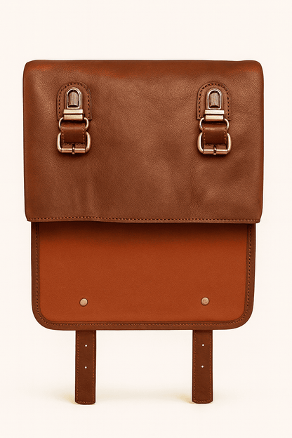 Brown leather backpack with gold buckles on a white background