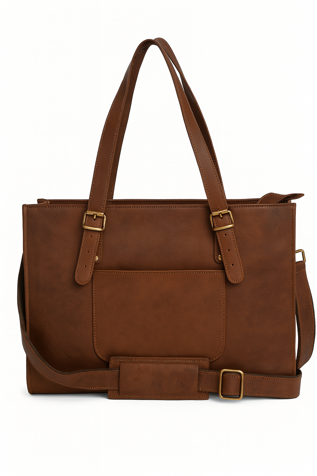 Brown leather tote bag with gold buckles on a white background

