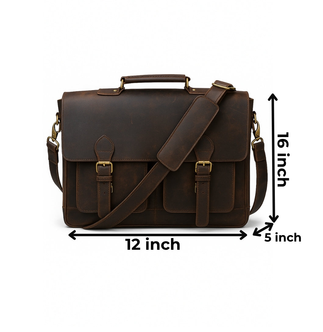 Brown leather satchel bag with measurements on a white background

