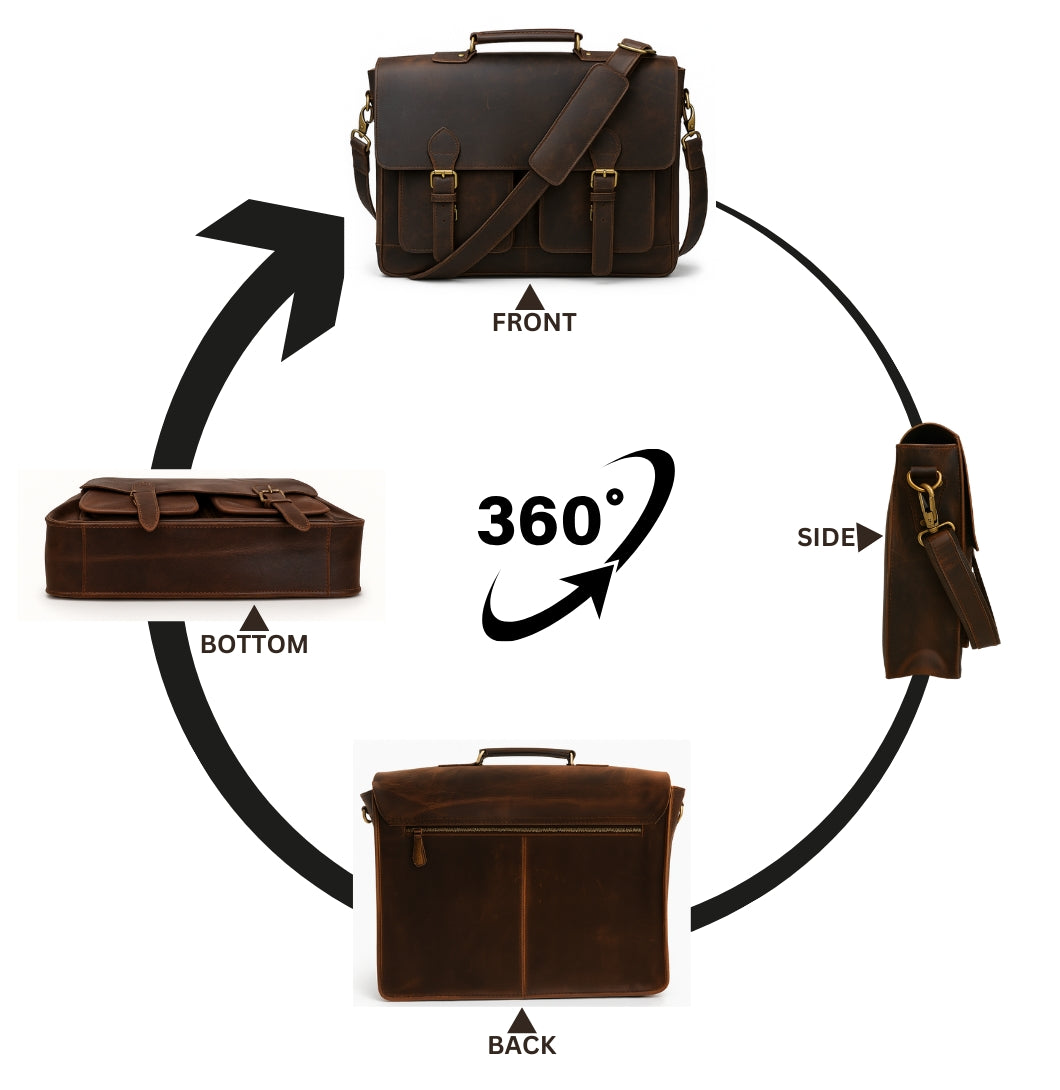 Brown leather briefcase shown from multiple angles on a white background

