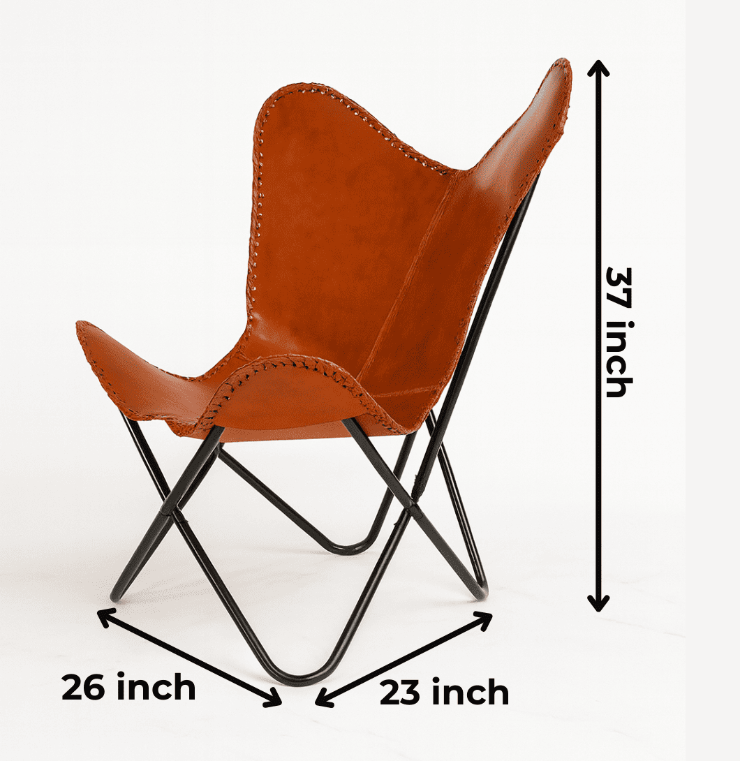 Brown leather butterfly chair with black metal frame and dimensions on a white background