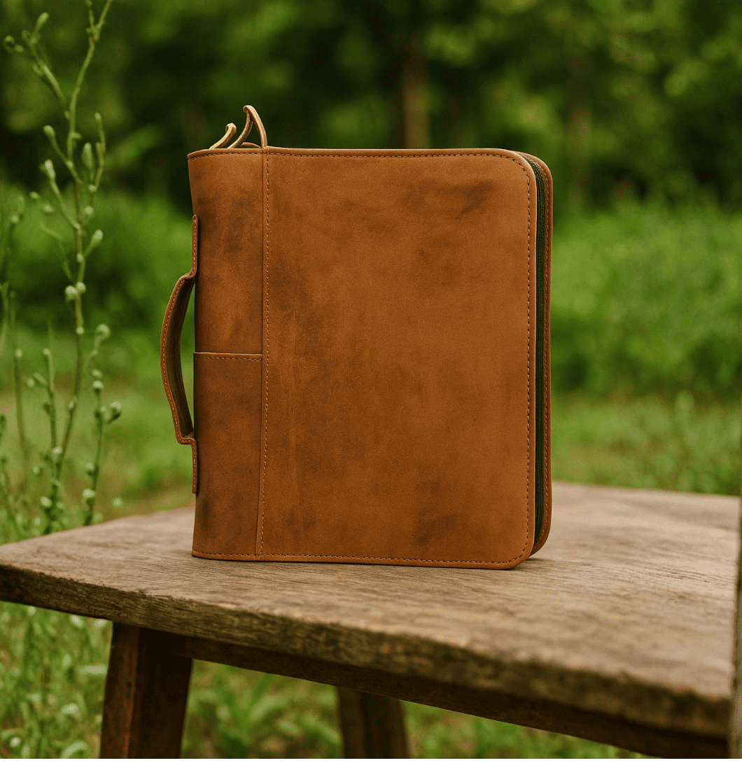 Brown leather binder on a wooden table with a natural background, Buy Leather Bible Cover – Handcrafted by Twara
