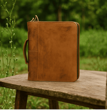 Brown leather binder on a wooden table with a natural background, Buy Leather Bible Cover – Handcrafted by Twara