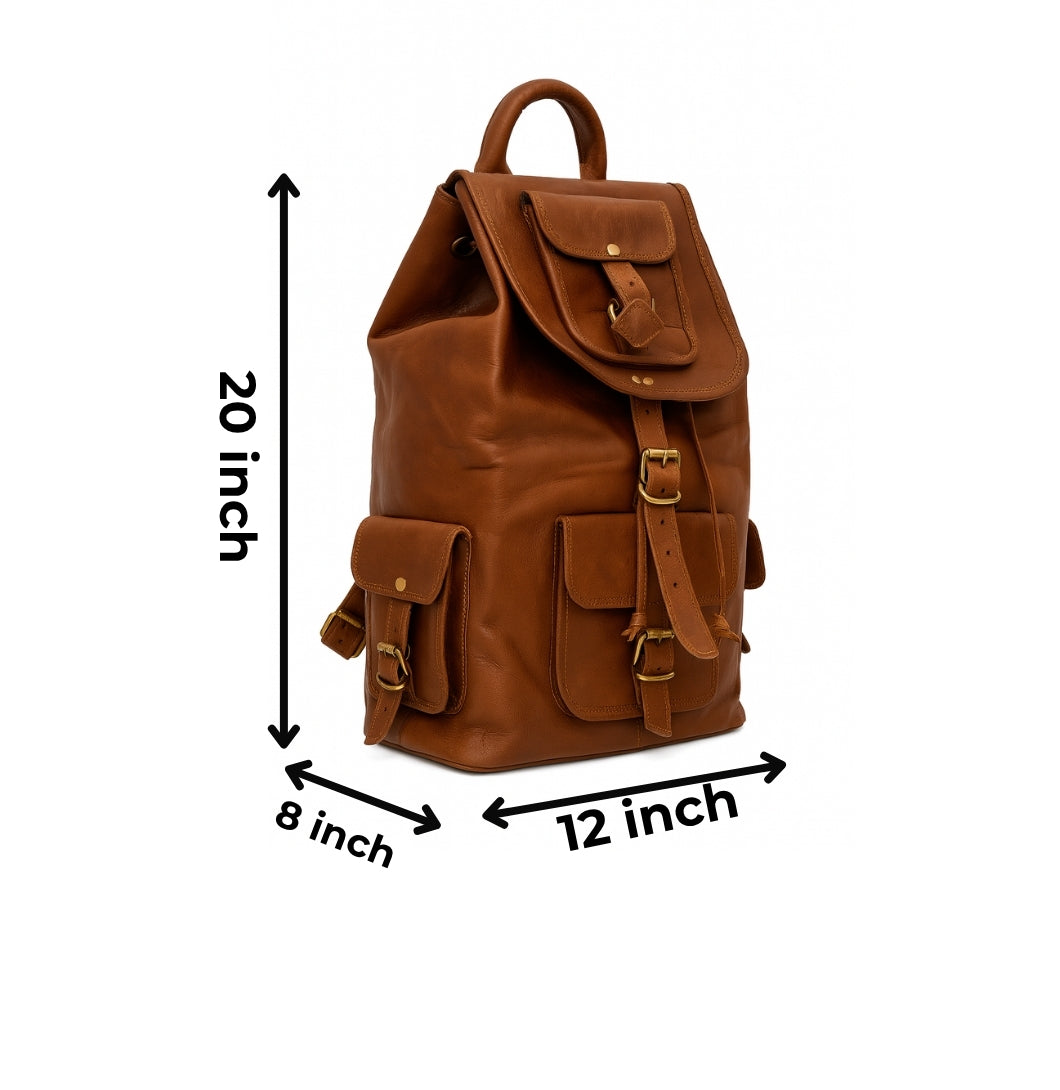 Brown leather backpack with dimensions indicated on a white background

