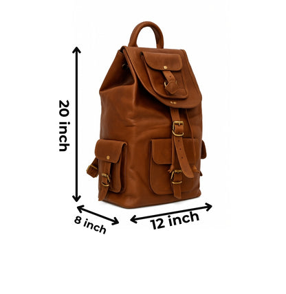 Brown leather backpack with dimensions indicated on a white background

