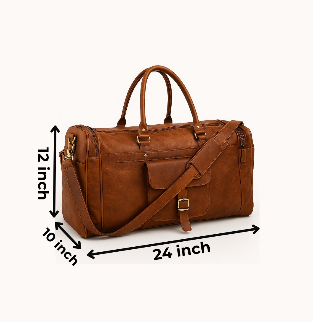Brown leather duffel bag with measurements on a white background

