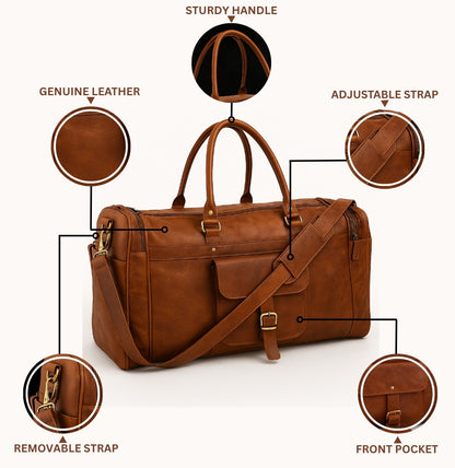 Brown leather duffel bag with features highlighted on a white background

