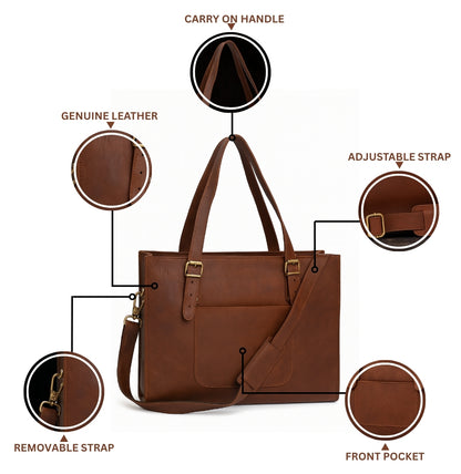 Brown leather bag with features labeled on a white background

