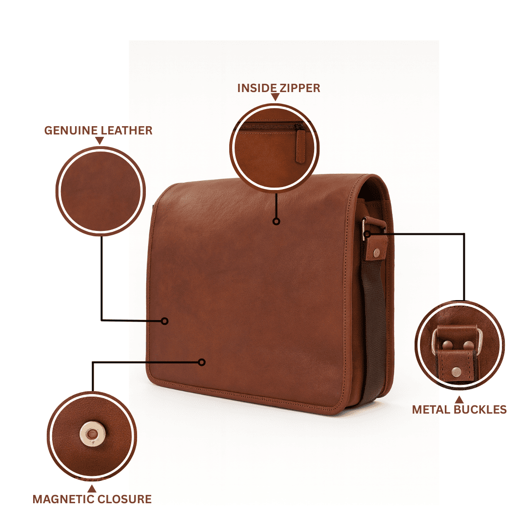 Brown leather bag with features labeled on a white background