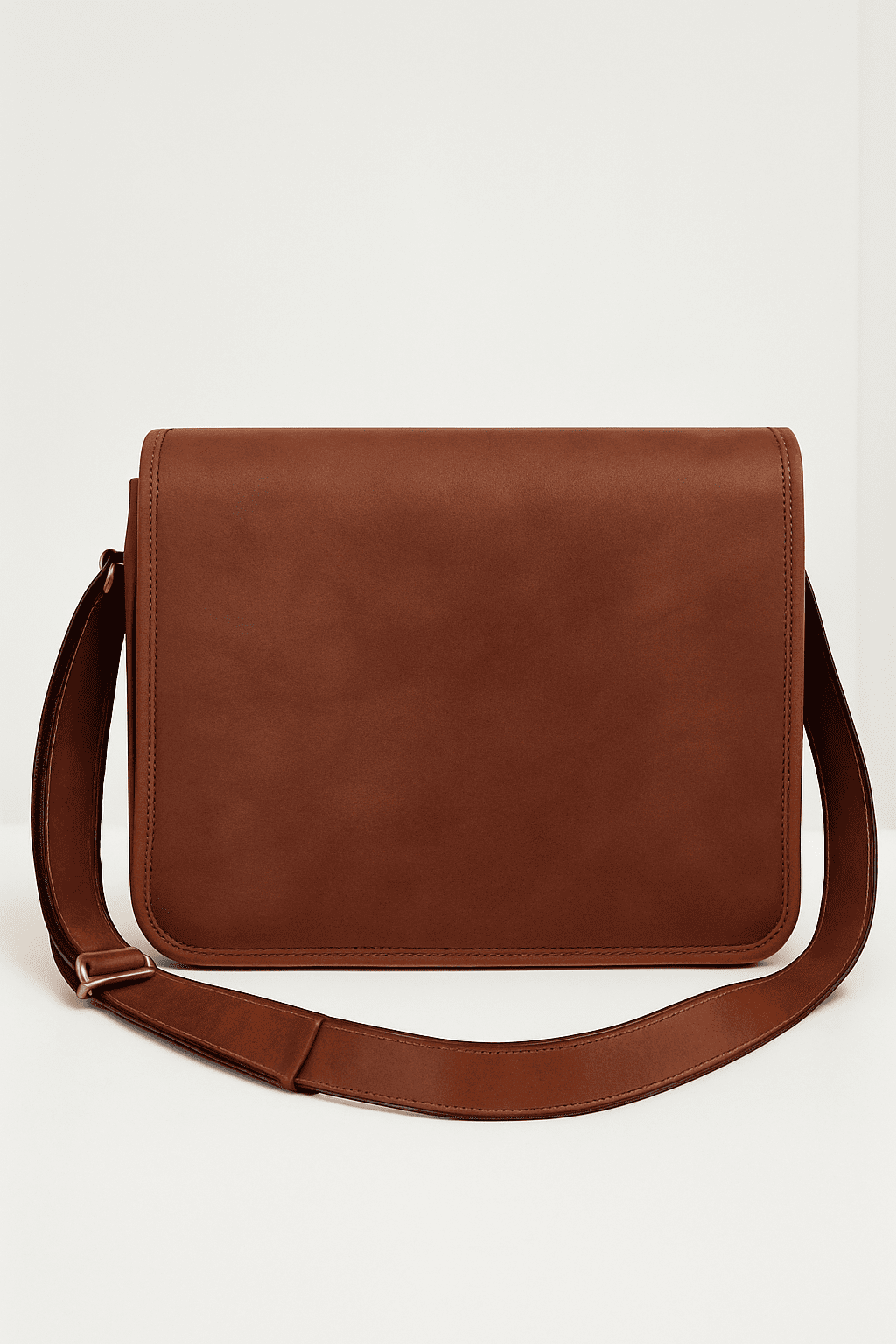 Brown leather shoulder bag on a light beige background Twara Ledger Messenger
