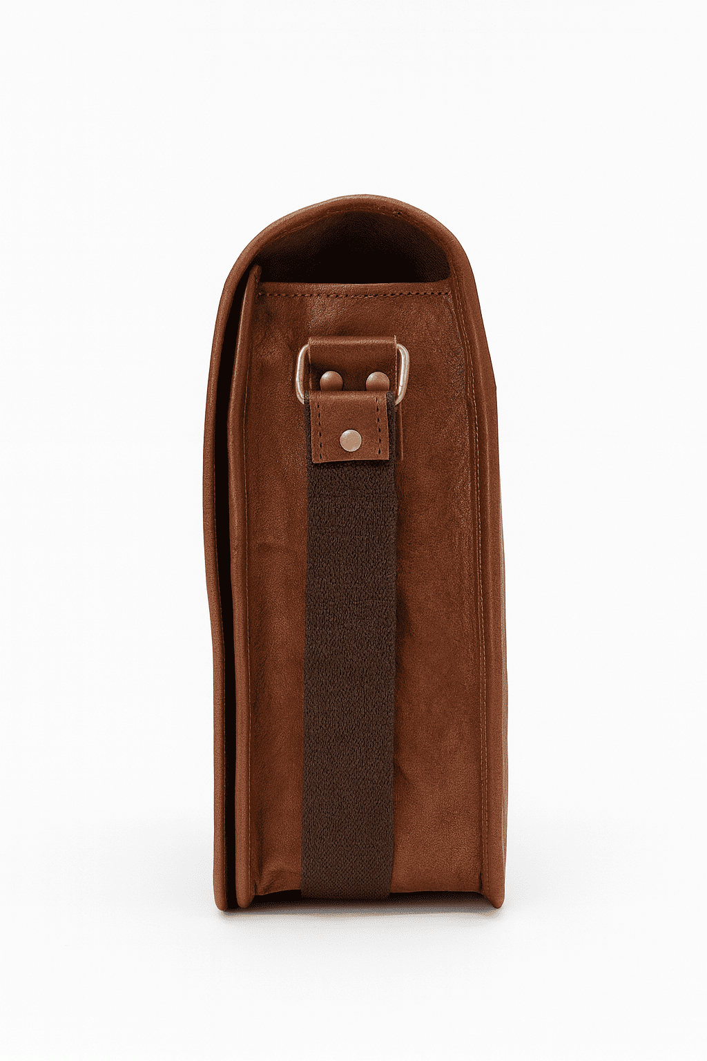 Brown leather bag with a strap on a white background