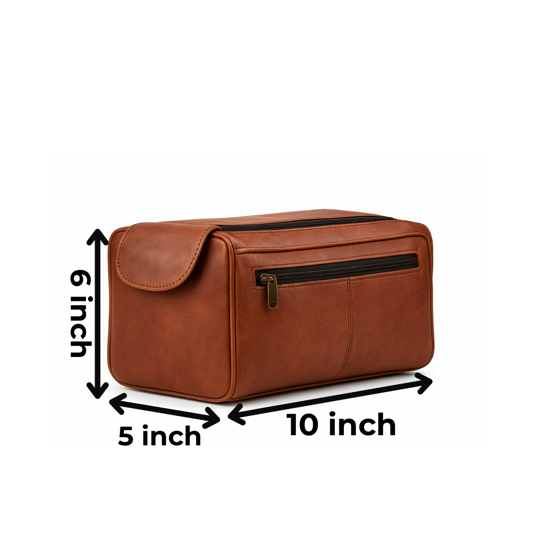 Brown leather toiletry bag with dimensions labeled on a white background