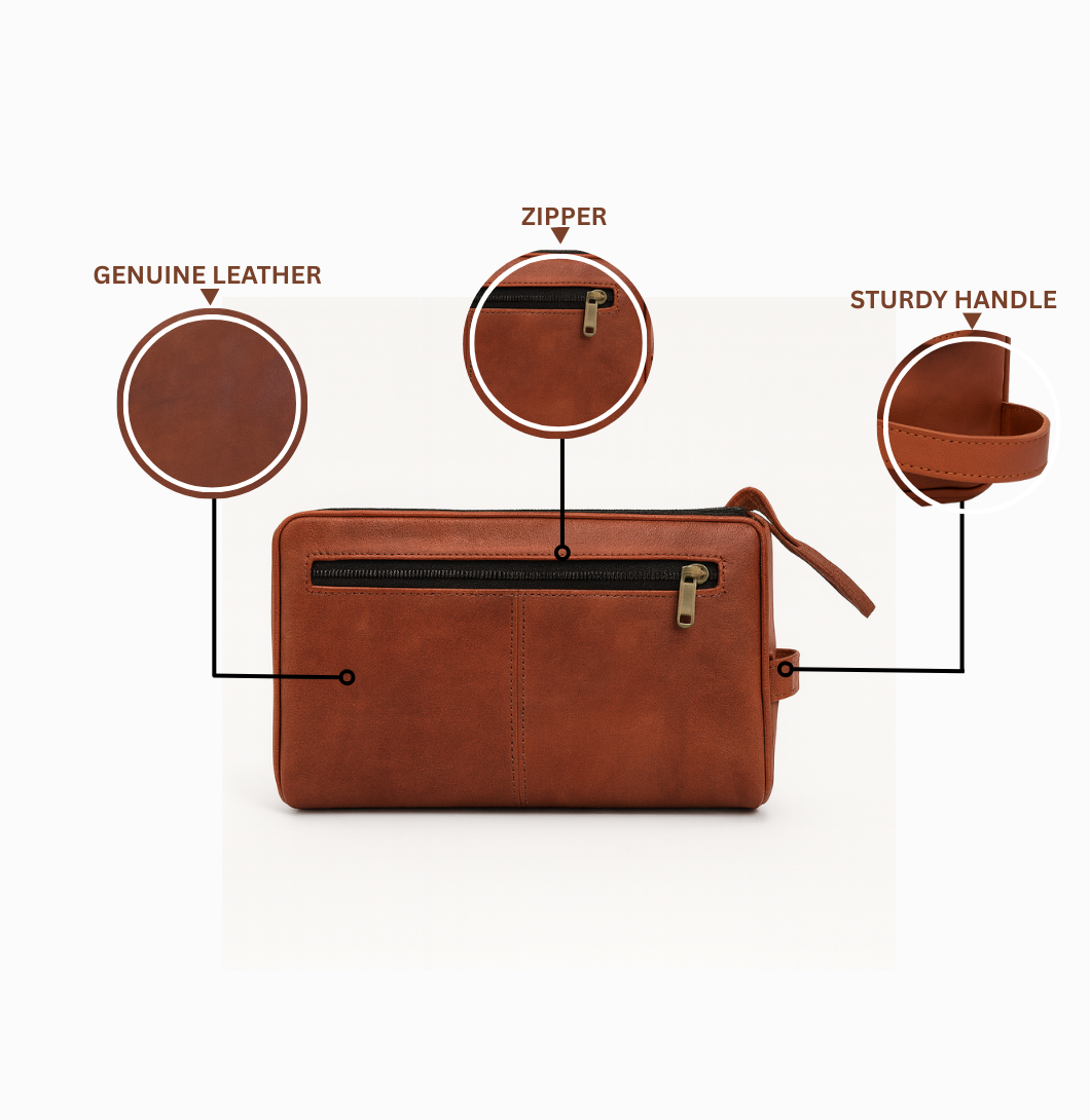 Brown leather clutch with features labeled on a white background