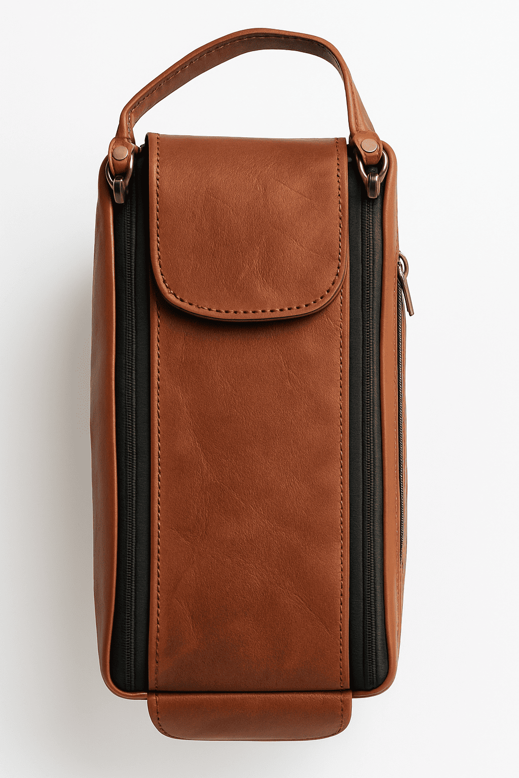 Brown leather bag with a handle on a white background
