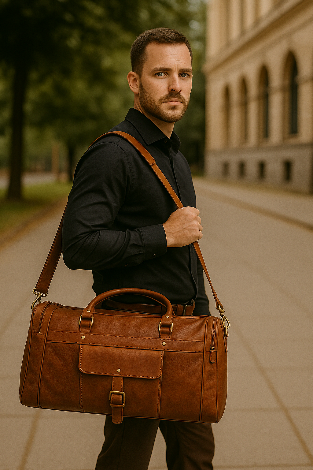 Man holding a brown leather bag in an urban setting

