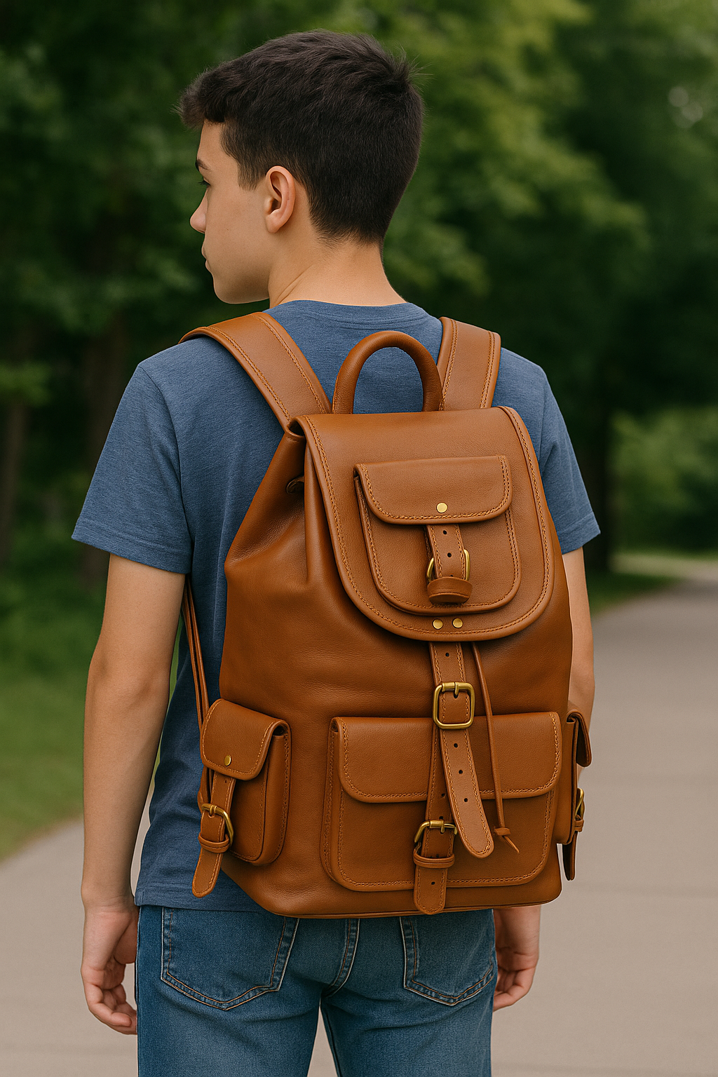 Person wearing a brown leather backpack outdoors