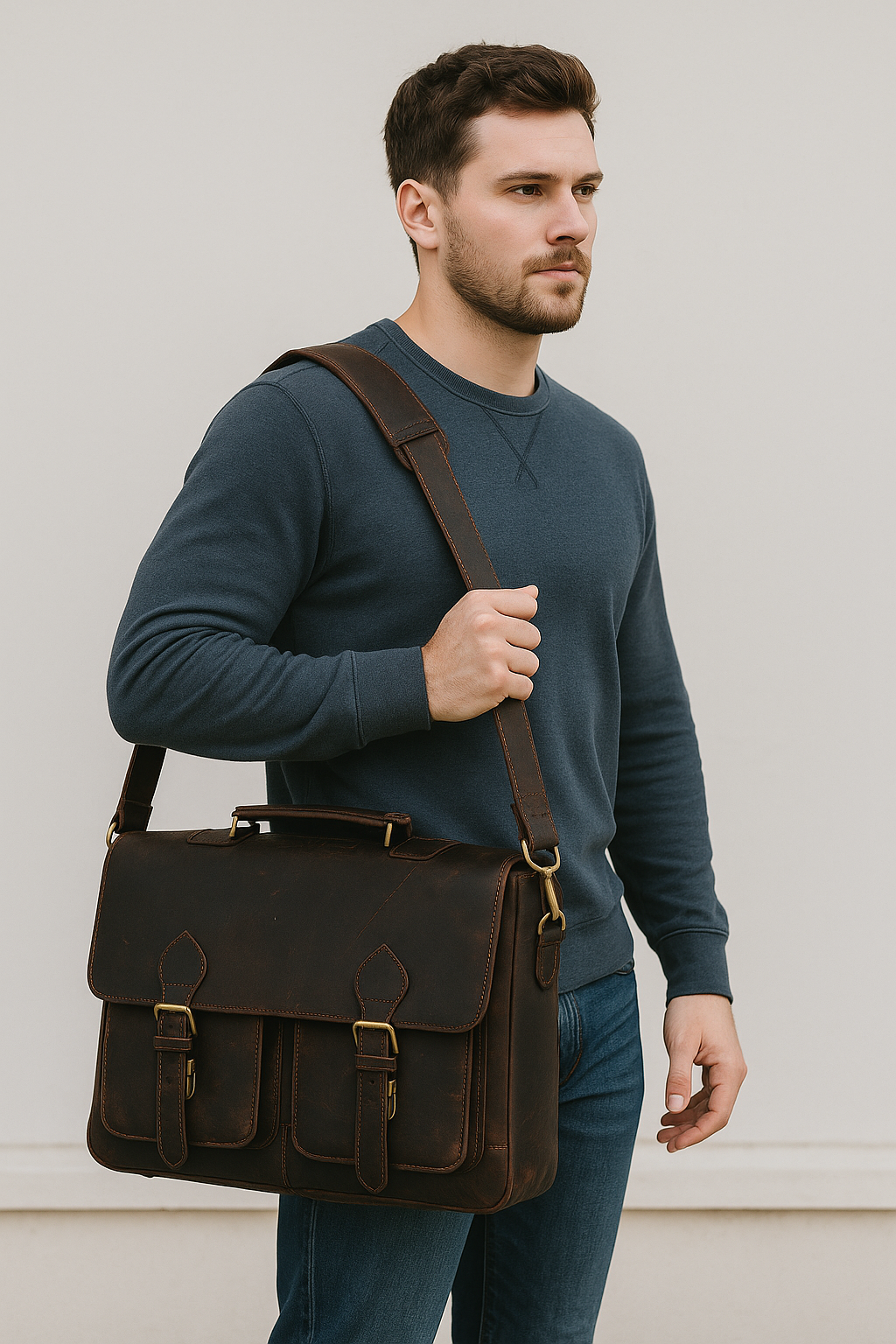 Man holding a brown leather satchel bag against a plain background
