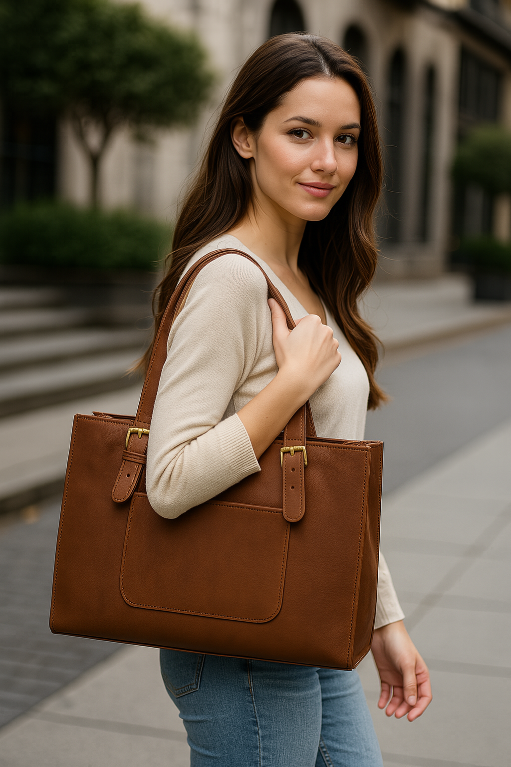 Woman holding a brown leather tote bag outdoors

