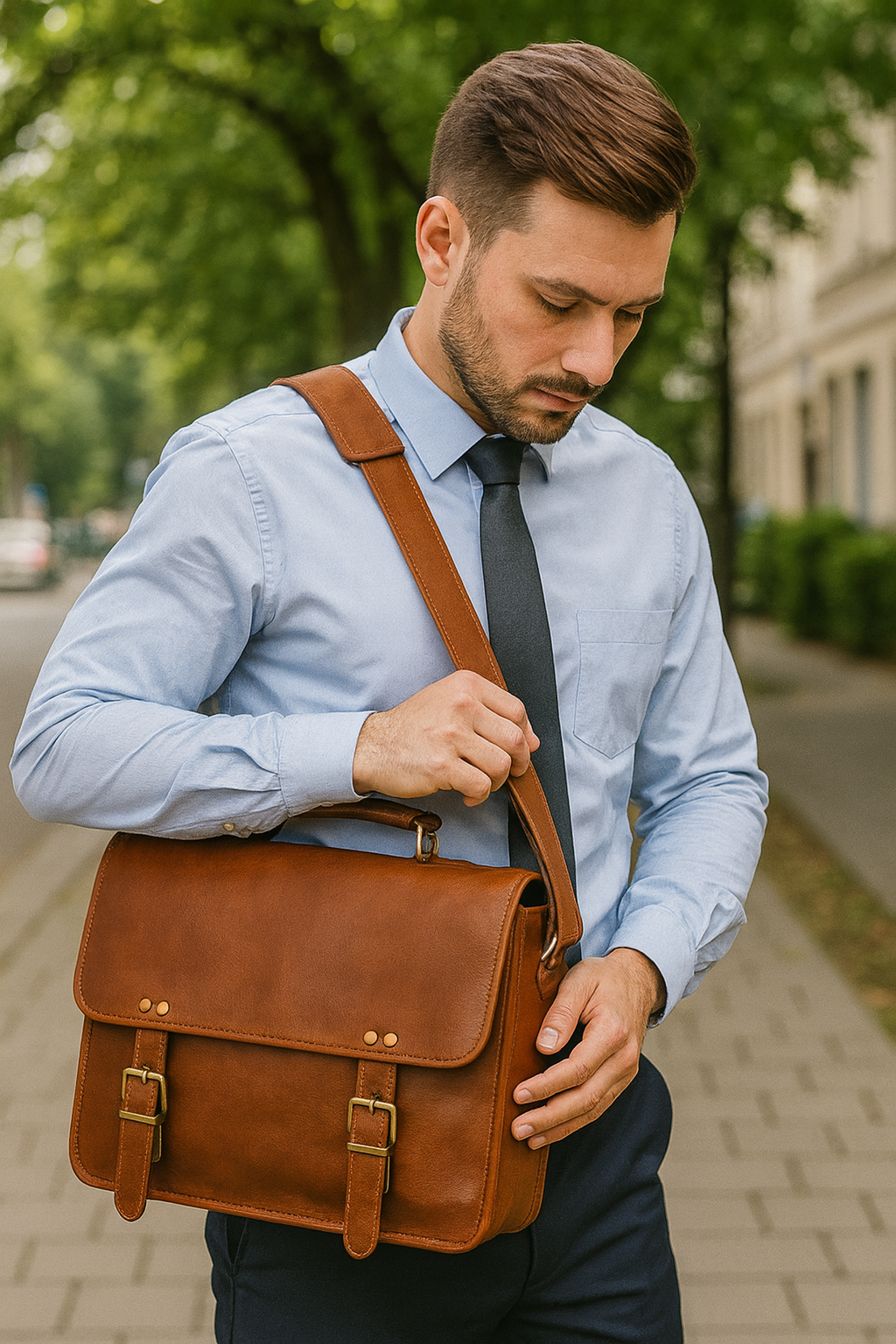 Man holding a brown leather satchel bag outdoors

