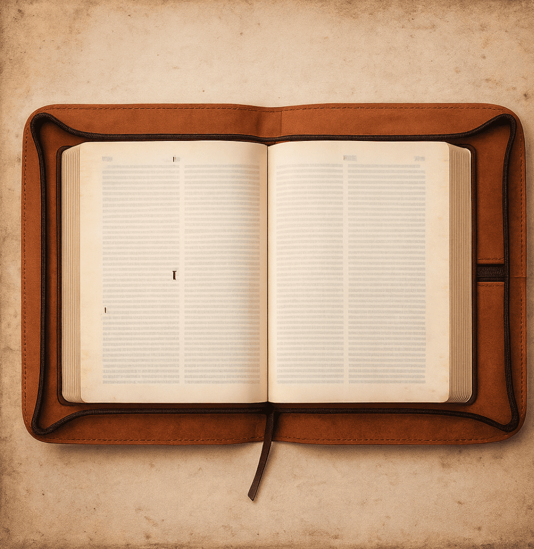 Open book inside a brown leather cover on a textured beige background, Bible inside the leather cover, Buy Leather Bible Cover – Handcrafted by Twara