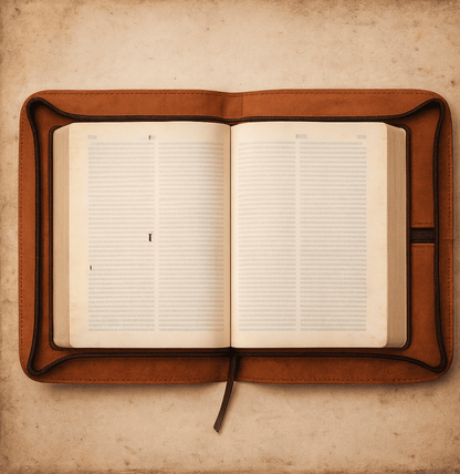 Open book inside a brown leather cover on a textured beige background, Bible inside the leather cover, Buy Leather Bible Cover – Handcrafted by Twara