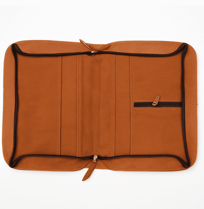 Brown leather pouch with gold zipper on a white background