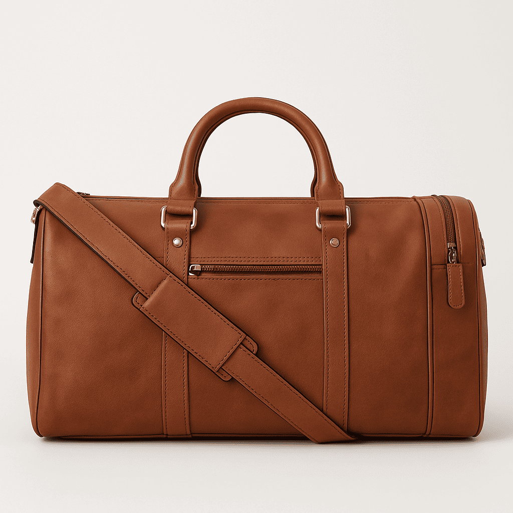Brown leather duffel bag with a shoulder strap on a light gray background