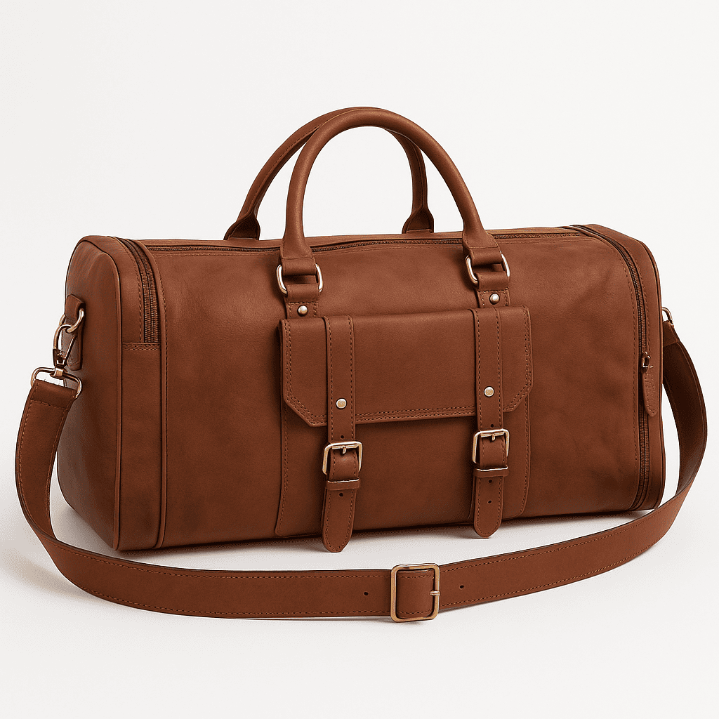 Brown leather duffel bag with gold buckles on a light gray background