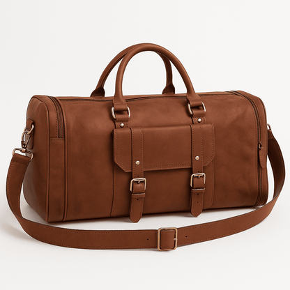 Brown leather duffel bag with gold buckles on a light gray background