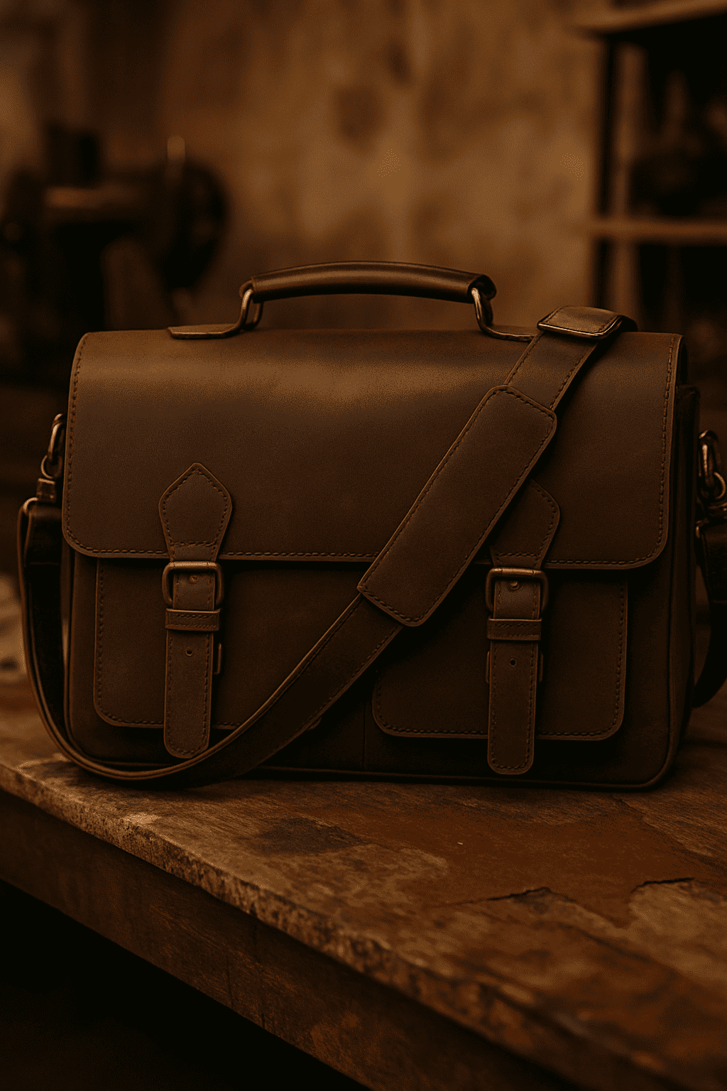 Brown leather satchel bag on a stone surface with a blurred background