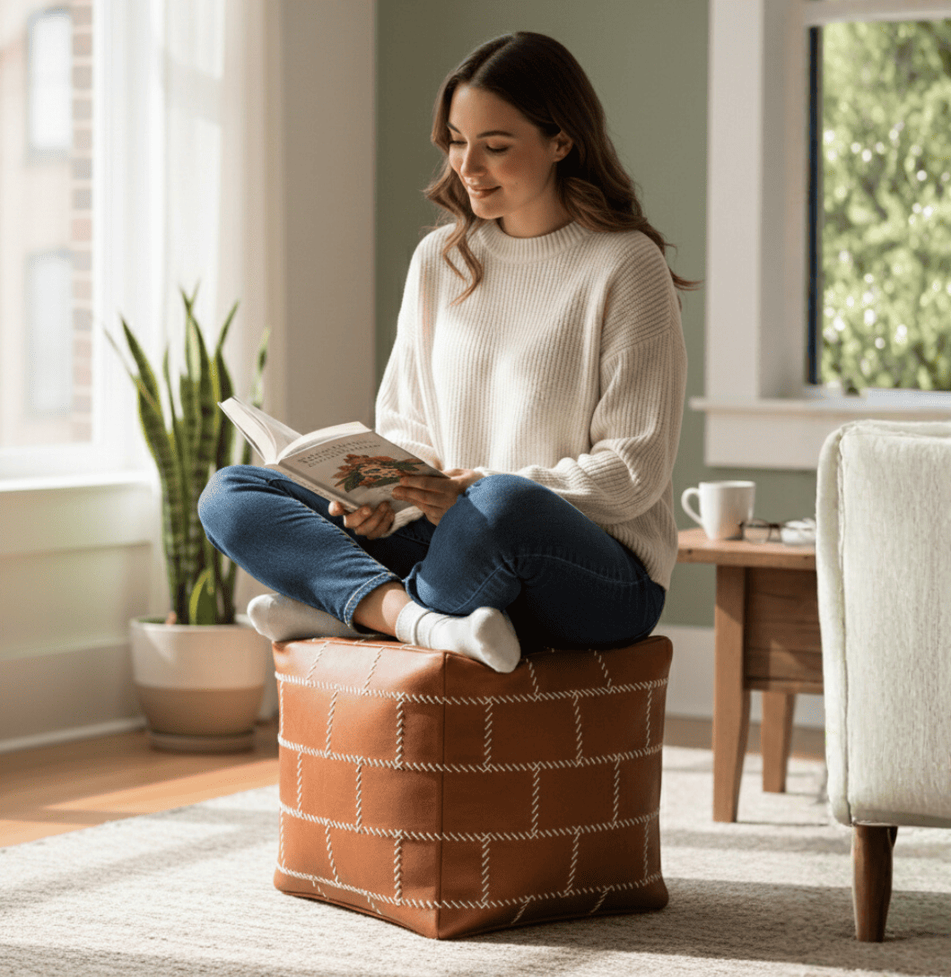 Woman reading a book on a brown ottoman in a cozy living room. Buy Gridstitch Leather Pouf Ottoman Online | Handcrafted by Twara
