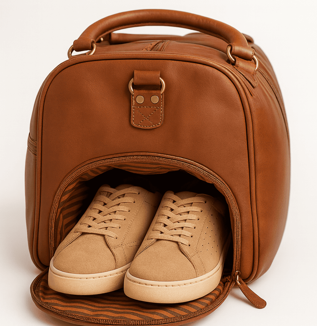 Brown leather pet carrier with tan sneakers inside on a white background