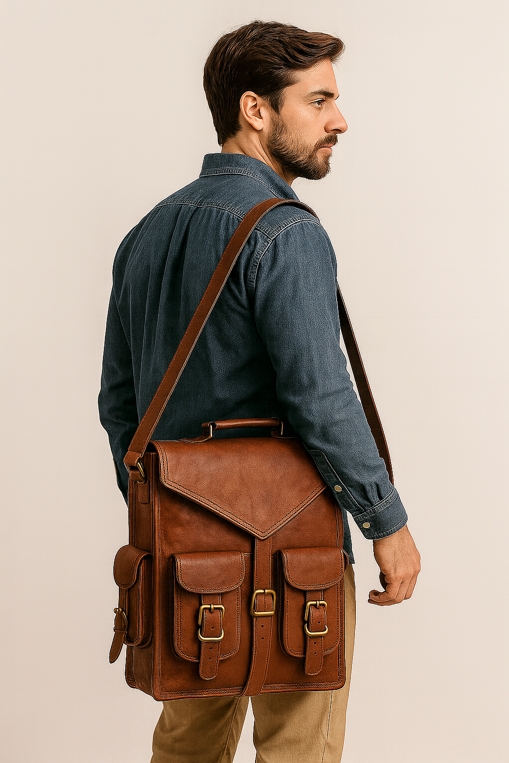 Man wearing a brown leather bag over his shoulder against a beige background

