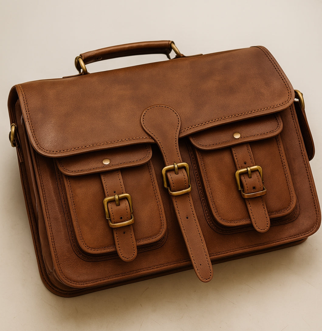 Brown leather satchel with gold buckles on a beige background

