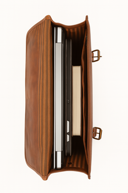 Brown leather briefcase with open design on a white background

