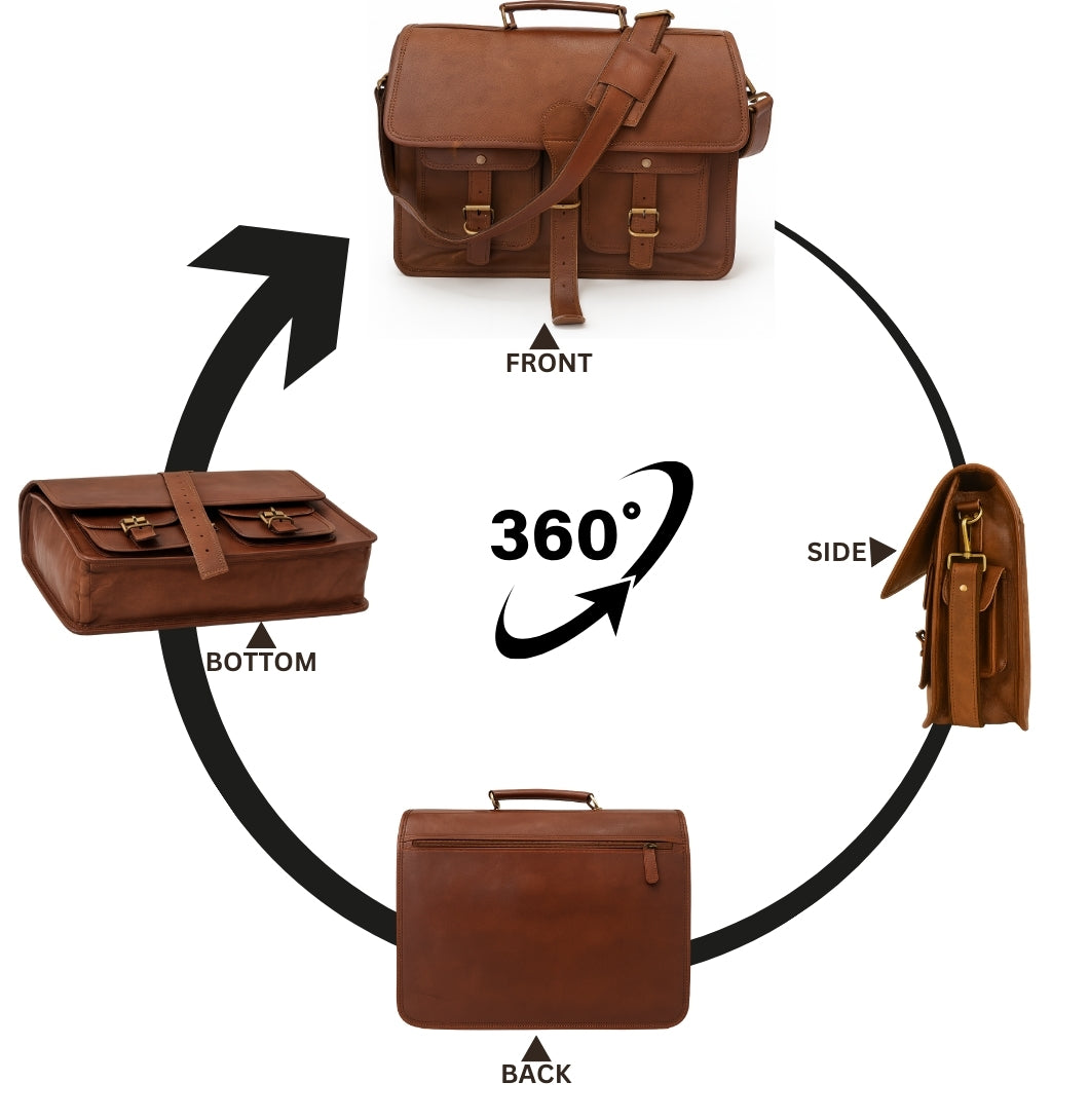 Brown leather briefcase shown from multiple angles with labeled directions on a white background.

