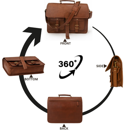 Brown leather briefcase shown from multiple angles with labeled directions on a white background.

