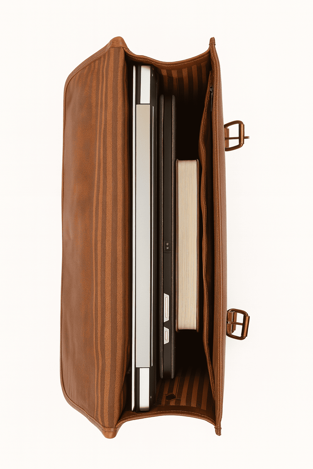 Brown leather briefcase with open design on a white background