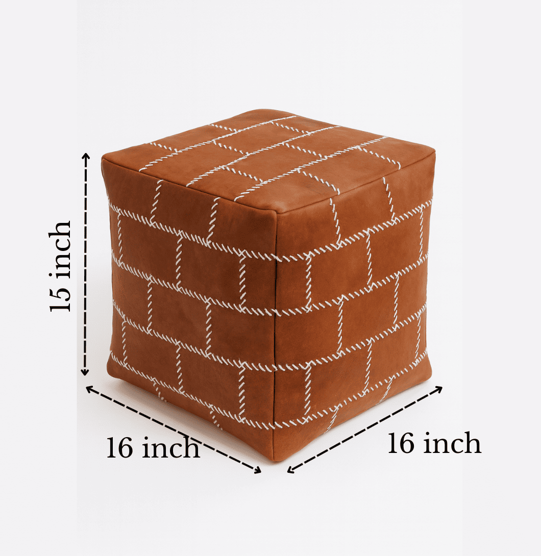Brown cube-shaped ottoman with white stitching, shown with dimensions on a white background.